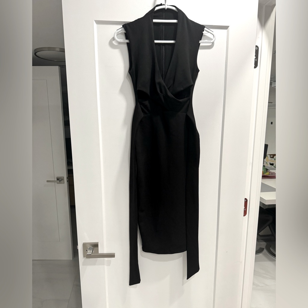 Nookie Made In Australia Black Midi Dress. Cut Out, Belt. Fully Lined. Size S